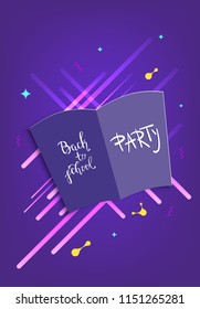 Back to school party banner. Vertical flyer with book shape, handwritten lettering and shine background. Vector illustration.