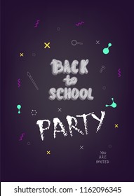 Back to school party banner. Vertical flyer with chalk lettering. Vector illustration.