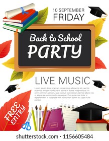 Back To School Party Flyer Design With Fall Foliage, Graduation Caps And School Supplies. Text Can Be Used For Leaflets, Brochures, Banners, Posters