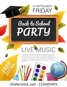 Back To School Party Flyer Design With Graduation Cap, Fall Foliage And School Supplies. Text Can Be Used For Leaflets, Brochures, Banners, Posters