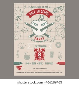 Back to school party invitation card. Vector template, banner or flyer design.