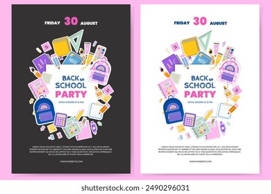 Back to School Party Einladungsflyer, Poster oder Banner Vorlage mit Titel und bunte Elemente Schulbedarf. Vektorillustration im flachen Stil. 