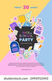Back to School party invitation flyer, poster or banner template with title and colorful elements school supplies. Vector illustration in a flat style. 