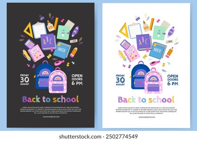 Back to School party invitation flyer, poster or banner template with title and colorful elements school supplies. Vector illustration in a flat style. 