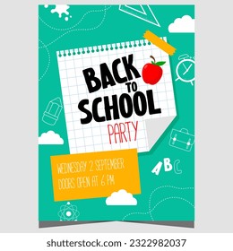 Back to school party invitation poster or banner design. Vector illustration to invite teachers and students to celebrate the start of the new school year, back to their classrooms at their desks.