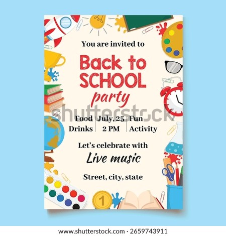 Back to school party invitation template with vibrant school elements and supplies in the background, perfect for fun student events and classroom celebrations
