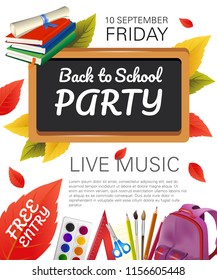 Back to school party, live music flyer design with fall foliage and school supplies. Text can be used for leaflets, brochures, banners, posters