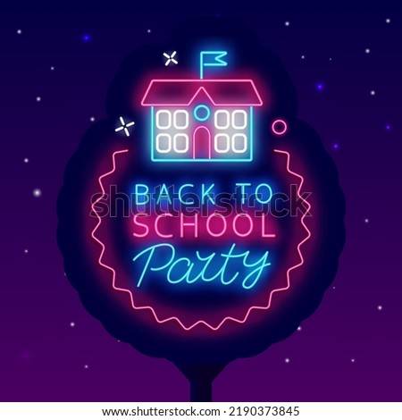 Back to school party neon billboard. Light street signboard. Wavy circle frame with school building. Glowing greeting card. Education design. Welcome to school. Shiny advertising. Vector illustration