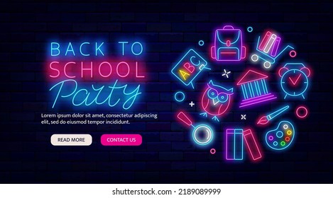 Back to school party neon flyer. Circle layout with icons. Glowing greeting card. Stationery, clock and owl. Website landing page. Event for students promotion. Vector stock illustration