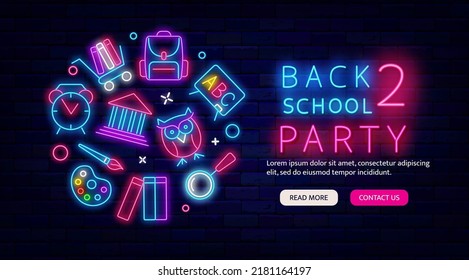 Back To School Party Neon Greeting Card. Night Club Invitation. Landing Page Template With Circle Layout. Event Concept For Students Promotion. Glowing Advertising. Vector Stock Illustration