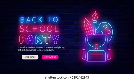 Back To School Party Neon Promotion Flyer. Backpack With Stationery. Night Club Greeting Card. Glowing Landing Page. Shiny Website Template. Event For Students. Vector Stock Illustration