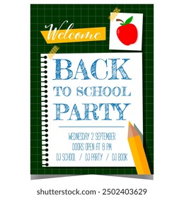 Back to school party poster to celebrate with pupils, students and teachers the start of new school year. Banner, leaflet or flyer with pencil, apple and inscription on a school notebook.