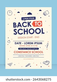 Back to School Party Poster with Free Music and Snacks. Vector Illustration