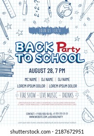 Back to school party. School poster with hand drawn elements.  Vector.