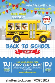 Back To School Party Poster Template. Cute Design With Yellow School Bus On List Sheet.Vector Illustration.