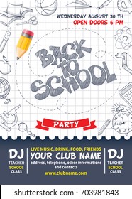 Back to school party poster template. Design with various educational equipments on list sheet.Vector illustration.