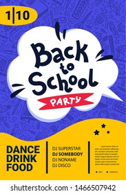 Back to school party poster. Back to school text, date and place for text. Vector illustration.