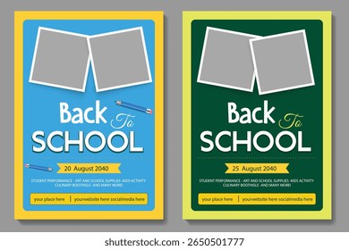 Back to School party posters with red apple and lettering Back to school. Handwritten school subjects in doodle style as frame around. Chalkboard and checkered paper on backdrop. Vector illustration.