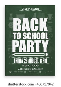 Back to School Party Template, Banner, Flyer or Invitation Card design with various educational equipments on green background.