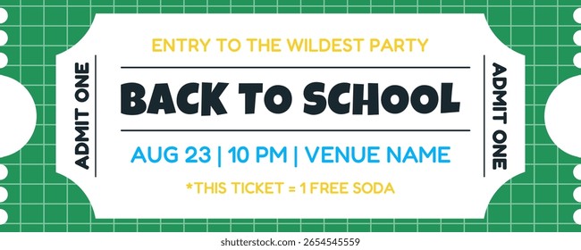 Back to School Party Ticket. School celebration event coupon. Notebook Grid design. Student party entry pass. Digital admission voucher. Vector template isolated