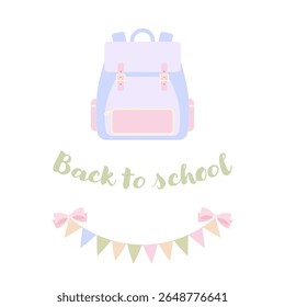 De volta à escola pastel vetor ilustração com coquette mochila, bunting e arcos, design feminino macio