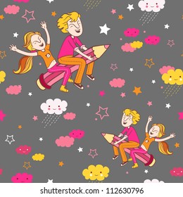 Back to school pattern. Background with children flying on a pencil.