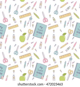 Back to school pattern background in hand drawing style for textile fabric design, party design. Vector illustration.