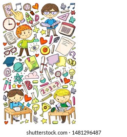 Back to school. Pattern with books, education element and little students. Kids, children learning mathematic, geography, geometry, physic, chemistry