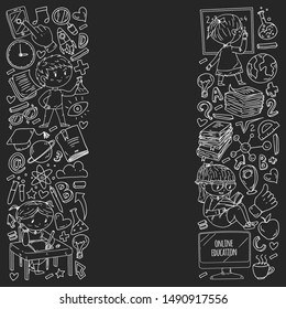 Back to school. Pattern with books, education element and little students. Kids, children learning mathematic, geography, geometry, physic, chemistry