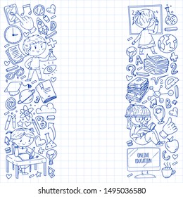 Back to school. Pattern with books, education element and little students. Kids, children learning mathematic, geography, geometry, physic, chemistry