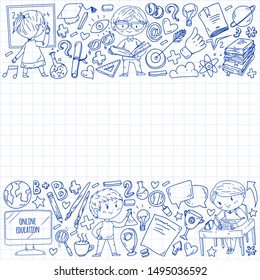 Back to school. Pattern with books, education element and little students. Kids, children learning mathematic, geography, geometry, physic, chemistry
