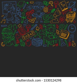 Back to school. Pattern with books, education element and little students. Kids, children learning mathematic, geography, geometry, physic, chemistry