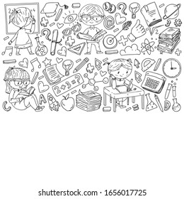 Back to school. Pattern with books, education element and little students. Kids, children learning mathematic, geography, geometry, physic, chemistry