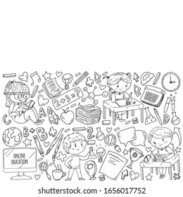 Back to school. Pattern with books, education element and little students. Kids, children learning mathematic, geography, geometry, physic, chemistry