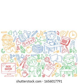 Back to school. Pattern with books, education element and little students. Kids, children learning mathematic, geography, geometry, physic, chemistry