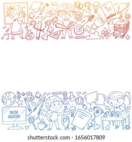 Back to school. Pattern with books, education element and little students. Kids, children learning mathematic, geography, geometry, physic, chemistry