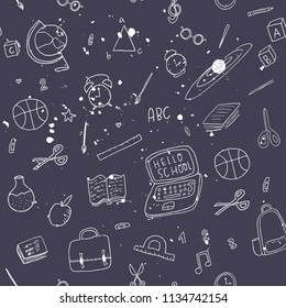 Back to school pattern. Books, paints, formulas, chemistry and mathematics, leaves and other school things. Vector illustration. Black and white color