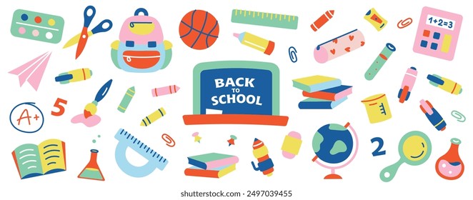 Back to school pattern. Children banner with school supplies. Back to school collection of supplies with lettering on blackboard. Hand drawn wallpaper with school stuffs. Cute colorful background