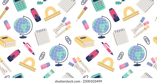 Back to school pattern. Cute school supplies. Vector illustration in flat style