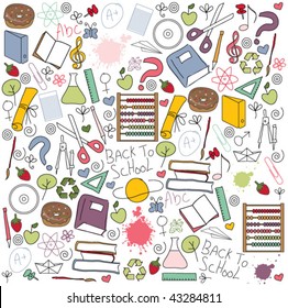 BACK TO SCHOOL PATTERN. Doodles school objects and design elements. Seamless pattern with set of different school things