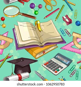 Back to school pattern. Modern education elements pattern. Open book of knowledge art. Education seamless pattern