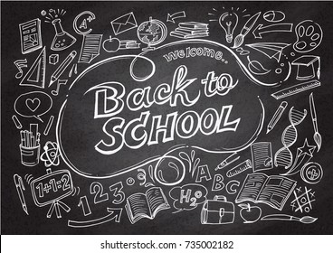 Back to school pattern on  chalkboard wall,Text message,Hand drawn, Creative education concept