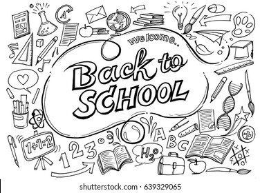 Back to school pattern on white background,Text message,Hand drawn, Creative education concept