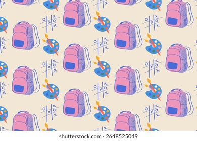 Back to school pattern with pink backpacks, art palette and fun tic tac toe designs. Great for kids stationery packaging, school supplies and merchandise.