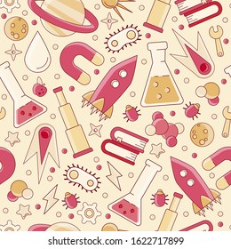 Back to school pattern. Science flat seamless pattern with scientific elements - molecule, atom structure, rocket, books, water and other on one simple educational and school seamless pattern.