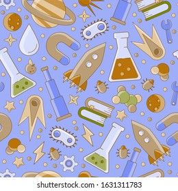 Back to school pattern. Science flat seamless pattern with scientific elements - molecule, atom structure, rocket, books, water and other on one simple educational and school seamless pattern.