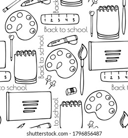 Back to school pattern. Seamless picture in black and white color. Vector image