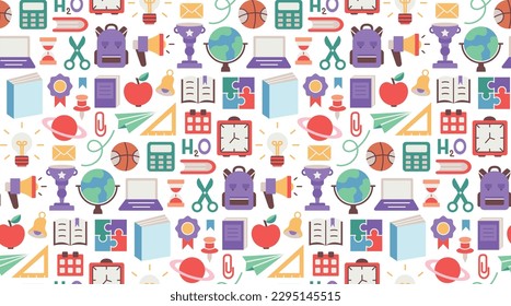  Back to school. pattern seamless of stationery for studying at school. education kids accessory. print object stuff design. graphic wallpaper element children study. background vector illustration,