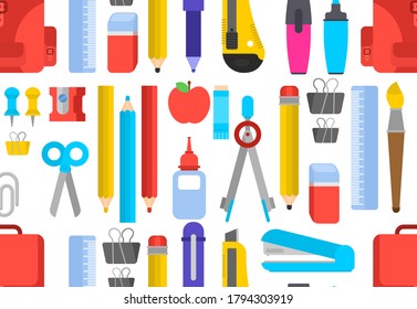 Back to school pattern seamless. Study supplies background. School texture. Briefcase, pencil and eraser. Ruler and pen. Kepler and strong