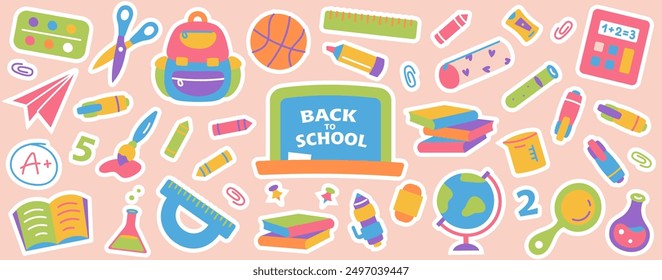 Back to school pattern. School Stationery Set with Lettering on Blackboard. Set of Colorful School Stickers. Backpack, Ball, Pencils, Globe, Books, crayons, paints. Vector isolated illustration